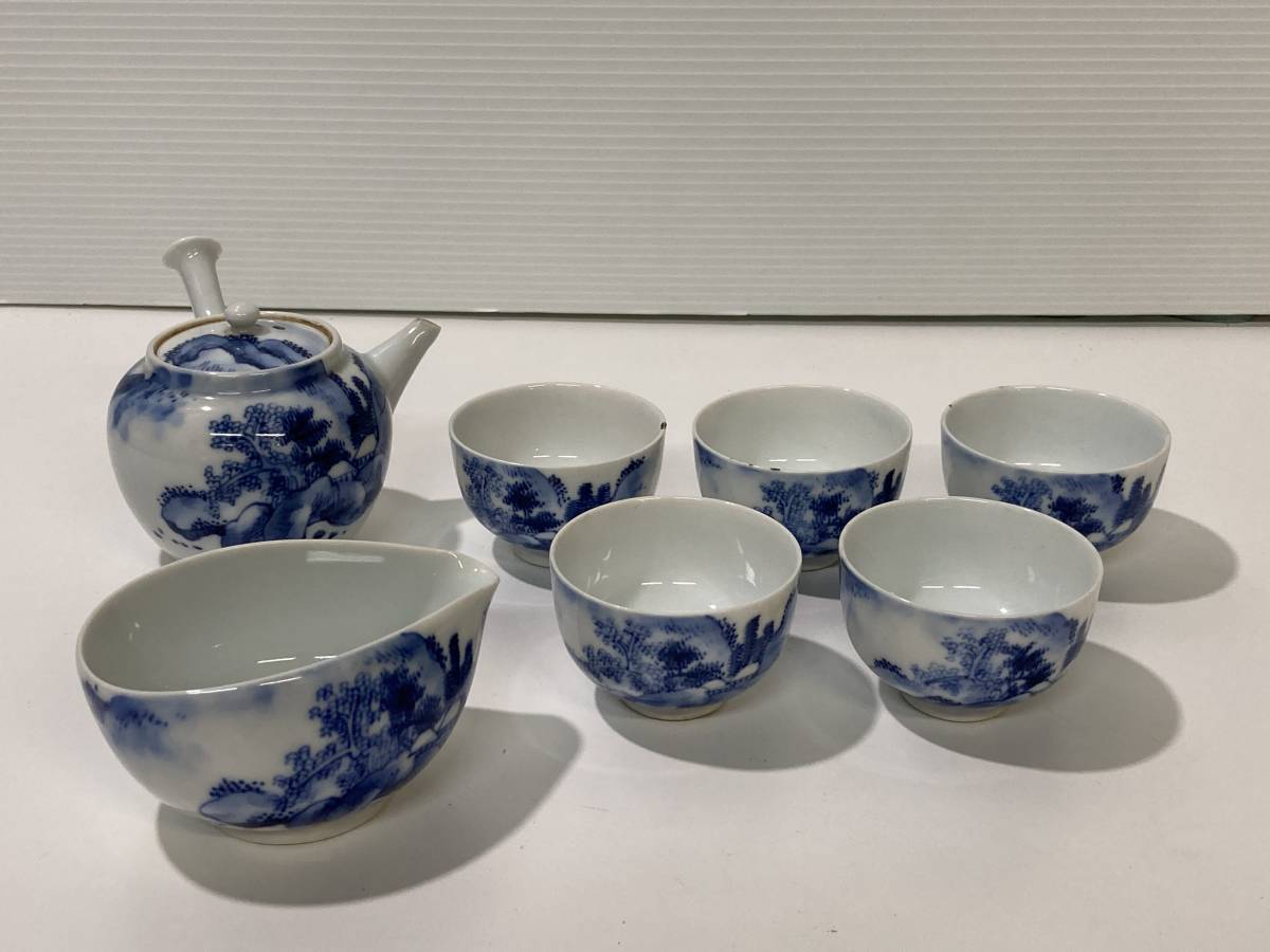 煎茶道具 道八 急須 時代 煎茶碗5客 染付 銘 染付山水
