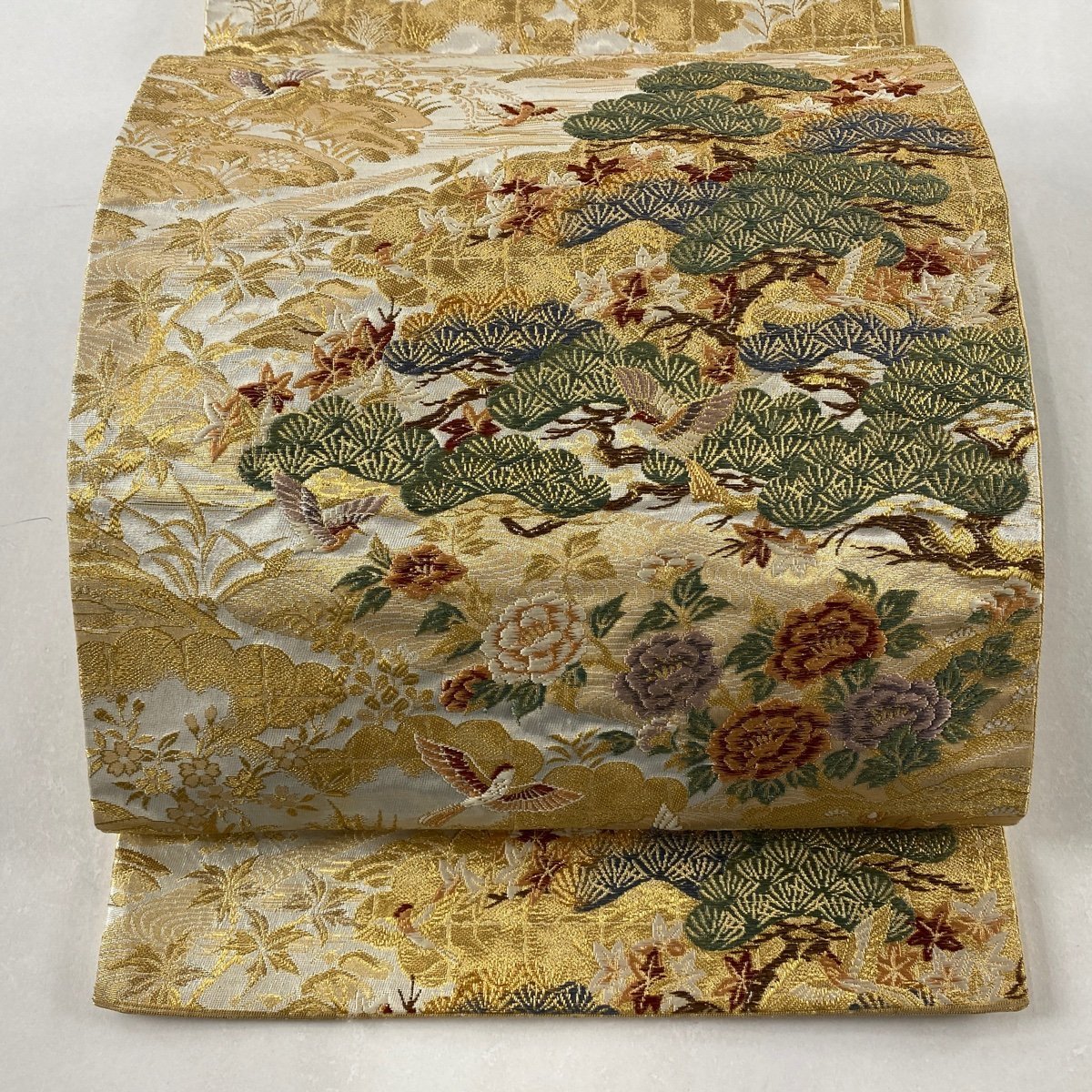 袋帯 六通 箔 秀品 金銀糸 美品 金色 鳥 正絹 中古 正絹｜