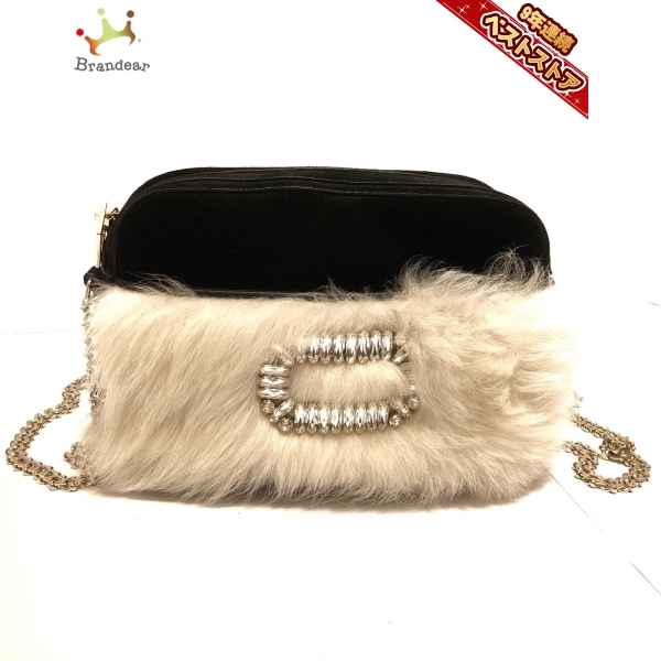 ロジェヴィヴィエ RogerVivier ショルダーバッグ スエード×ファー 黒×アイボリー チェーンショルダー/ビジュー バッグ