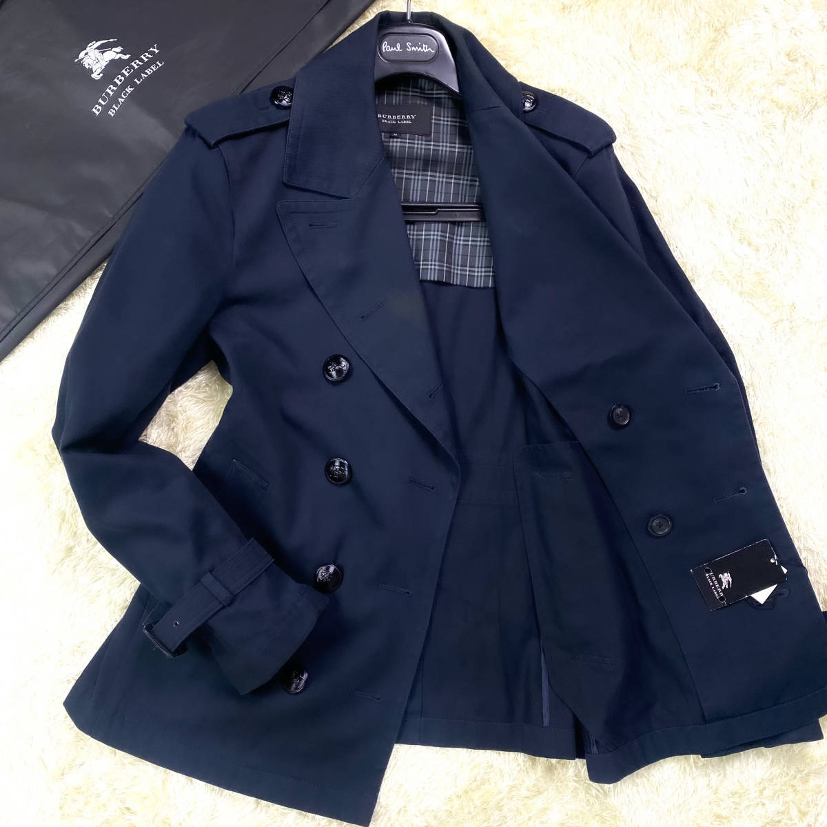 絶版美品!ホースメタル釦!バーバリーブラックレーベル ナポレオンコート銀ボタンL~M濃紺ネイビー マリンPコート ブラレBURBERRY BLACKLABEL
