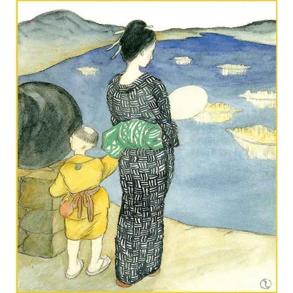 竹久夢二「灯籠流し」 複製色紙額 特殊工芸画 額入り 美人画 大正ロマン 長崎十二景 絵画 美術品 模写 名画レプリカ 日本画 K10-36