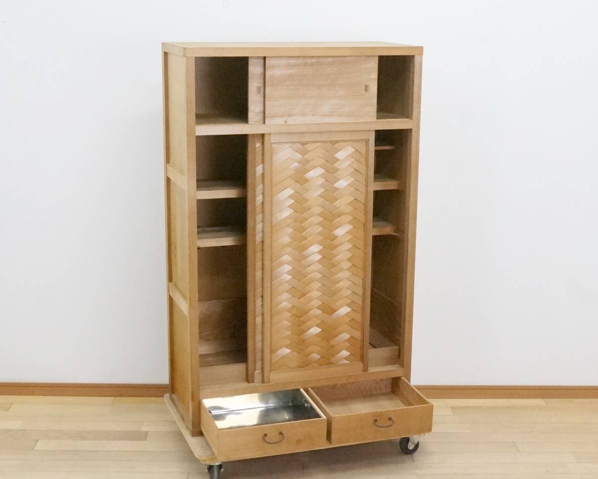 東ハ:【茶道具】網代戸付き 置水屋 網代前板 幅約85.3cm 高さ約136cm 
