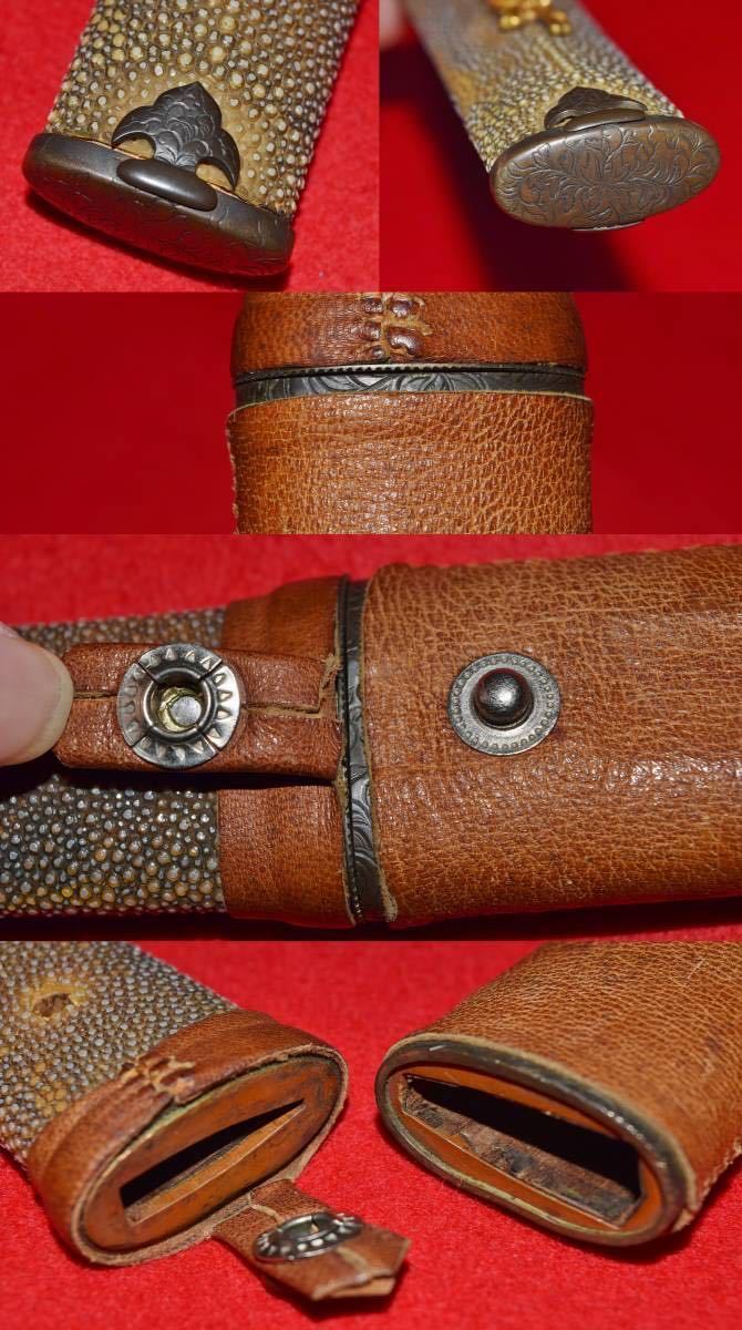 短寸軍刀　無銘　長さ35.9cm　登録証付　革巻き　略式外装　ドクロ目貫　野晒し　大日本帝国陸軍　自刃刀　当時物　ミリタリー　格安　骨董