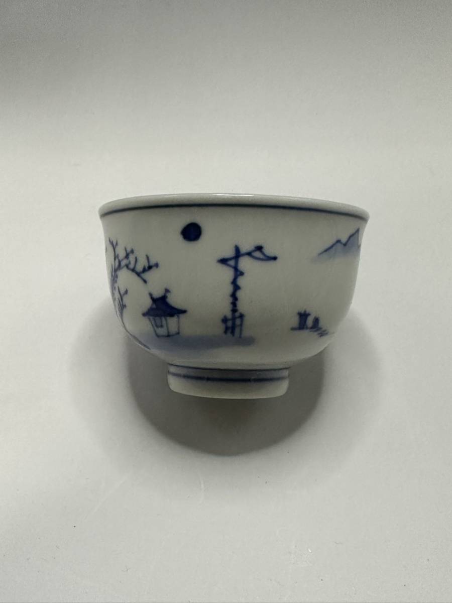 清風與平 清風 与平 造 青華磁 人物 山水 図 染付 煎茶碗 5客美品