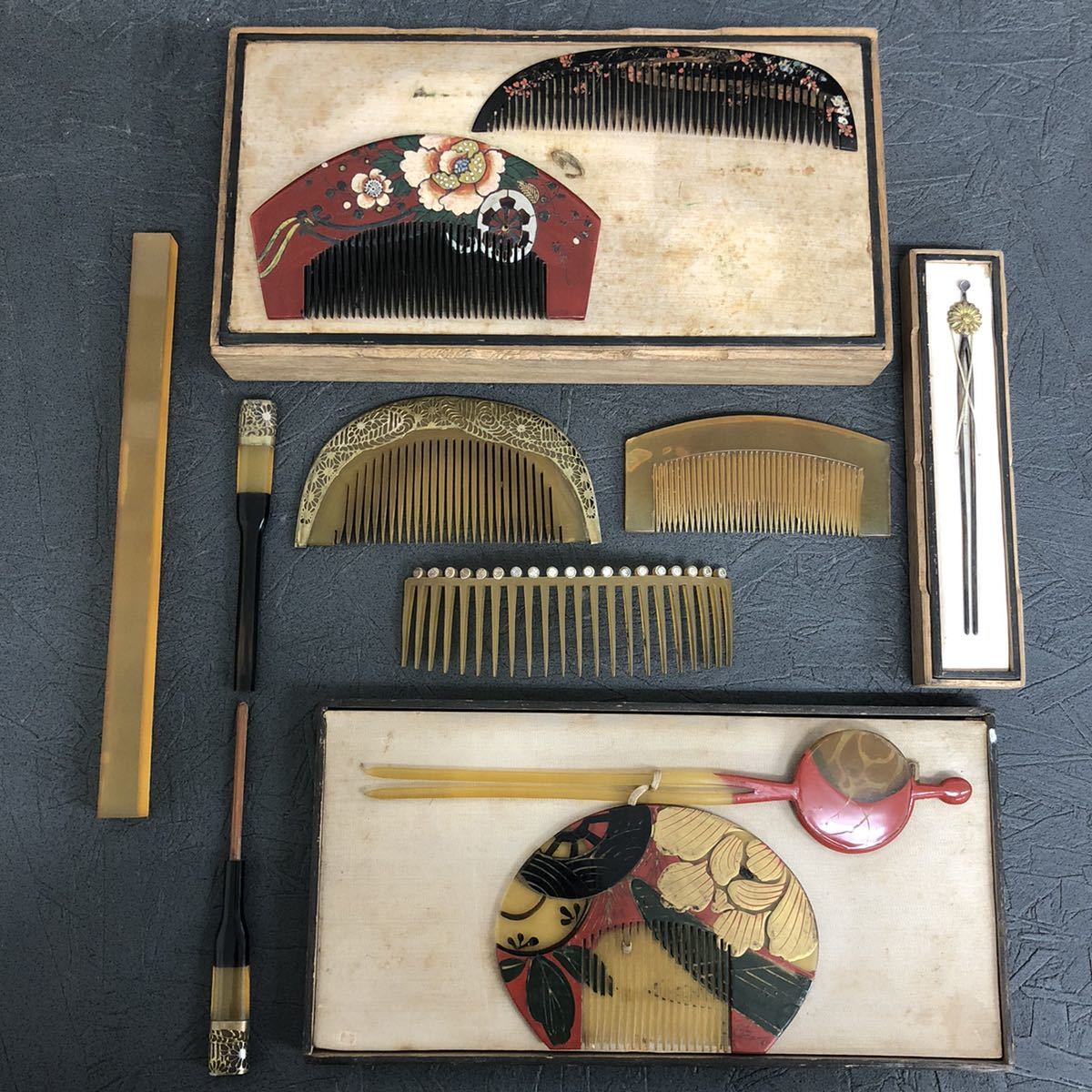 旧家 蔵出 時代物 古い かんざし 簪 櫛 鼈甲 蒔絵 金彩 螺鈿 和装小物 