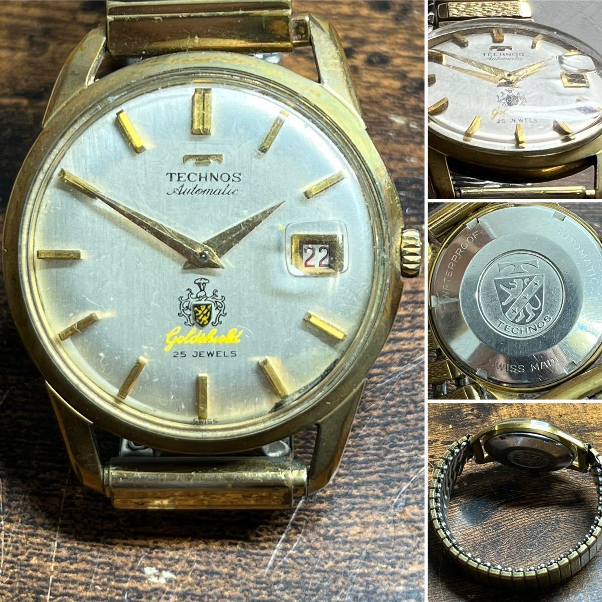 TECHNOS テクノス ゴールドシールド 自動巻き デイデイト【稼働品】メンズ ☆TECHNOS テクノス goldshield ゴールドシールド 3針 Date デイト