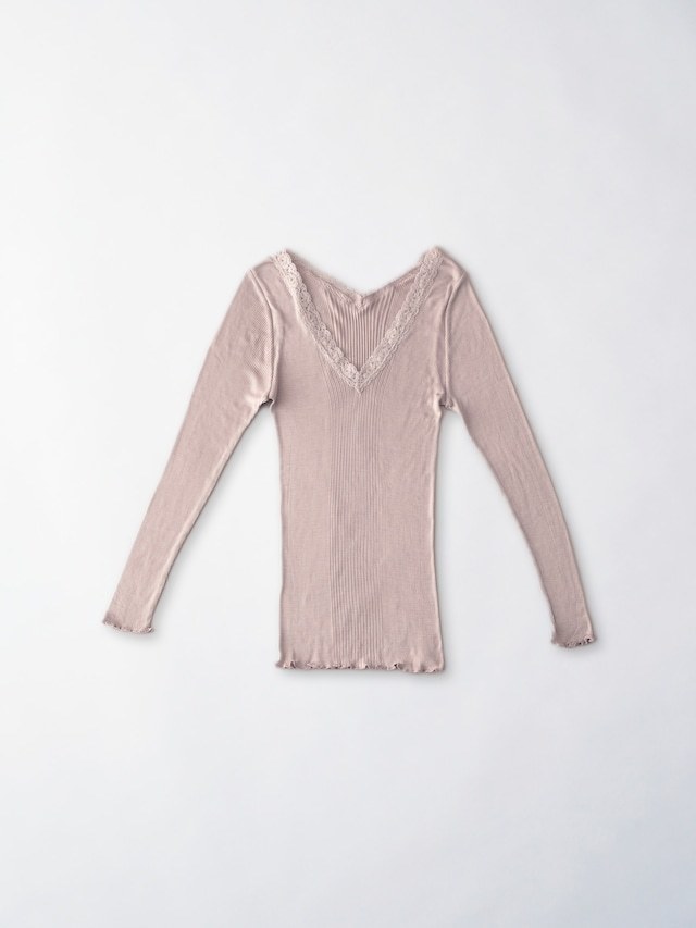 〇即決匿名配送料込み！新品未開封定価￥7，590 MALYNE SILK マリーネシルク コットンレース付きシルク長袖インナーシャツ下着 モカ L〇