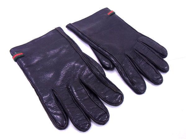 1円 GUCCI グッチ シェリーライン レザー 手袋 グローブ 防寒具 メンズ ブラック系 AF9447セM