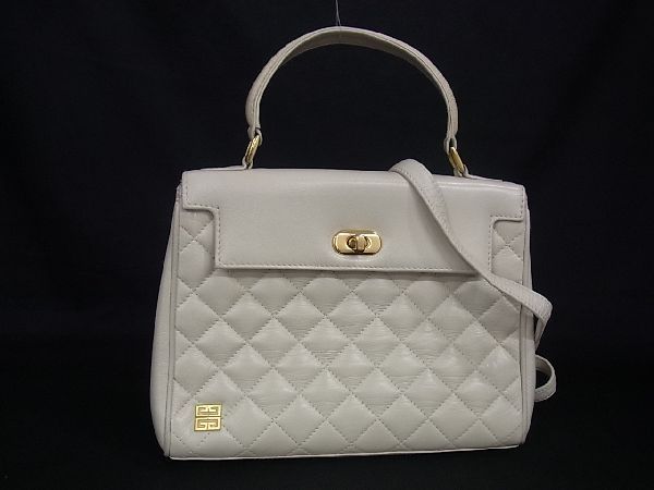 1円 ■美品■ GIVENCHY ジバンシィ レザー キルティング ターンロック 2WAY ワンハンドル ハンドバッグ ショルダー アイボリー系 AG8446ネf