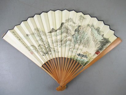 AJ589[張周平扇面，肉筆]1本 清涼山寺図 (検書画骨董アンティーク山水画巻物古書和本唐本漢籍書道中国