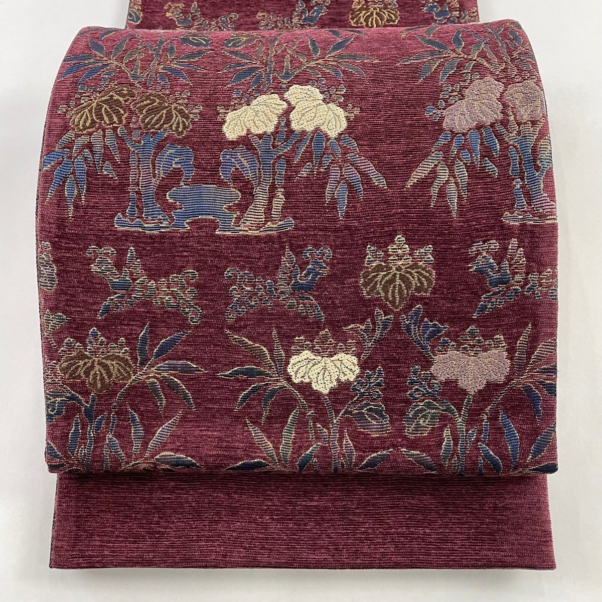 袋帯 美品 名品 切 鳥 金糸 ビロード調 赤紫 六通 正絹 【中古】