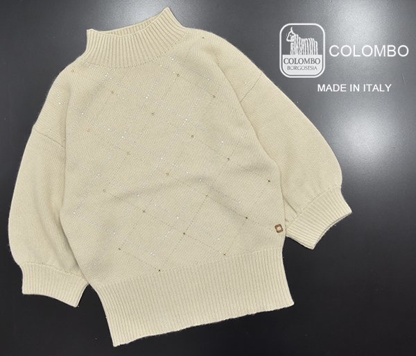 ◆定価18万円 イタリア製 コロンボ【COLOMBO】極上キッドカシミヤ 最高級 ラインストーン装飾 ドルマンスリーブ 5分丈ニット 42/L相当◆