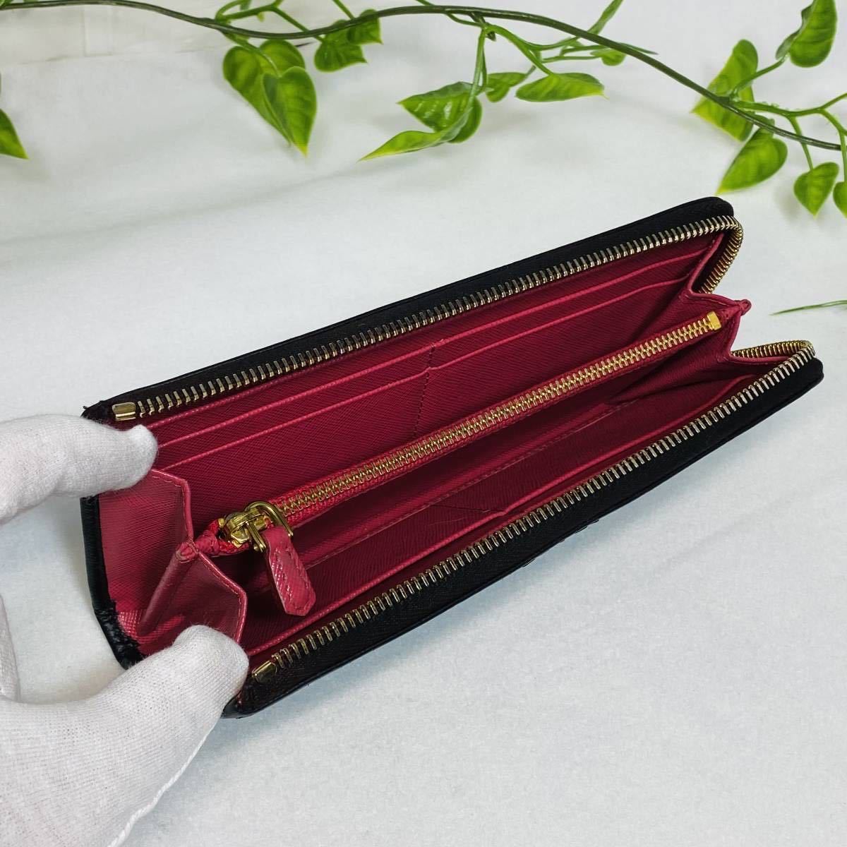 極美品》PRADA プラザ サフィアーノ レザー L字ファスナー 長財布 黒 