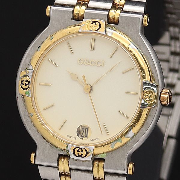 1円 稼働 良品 グッチ QZ 9000M デイト ラウンド アイボリー文字盤 メンズ腕時計 XYZ 4714000◇