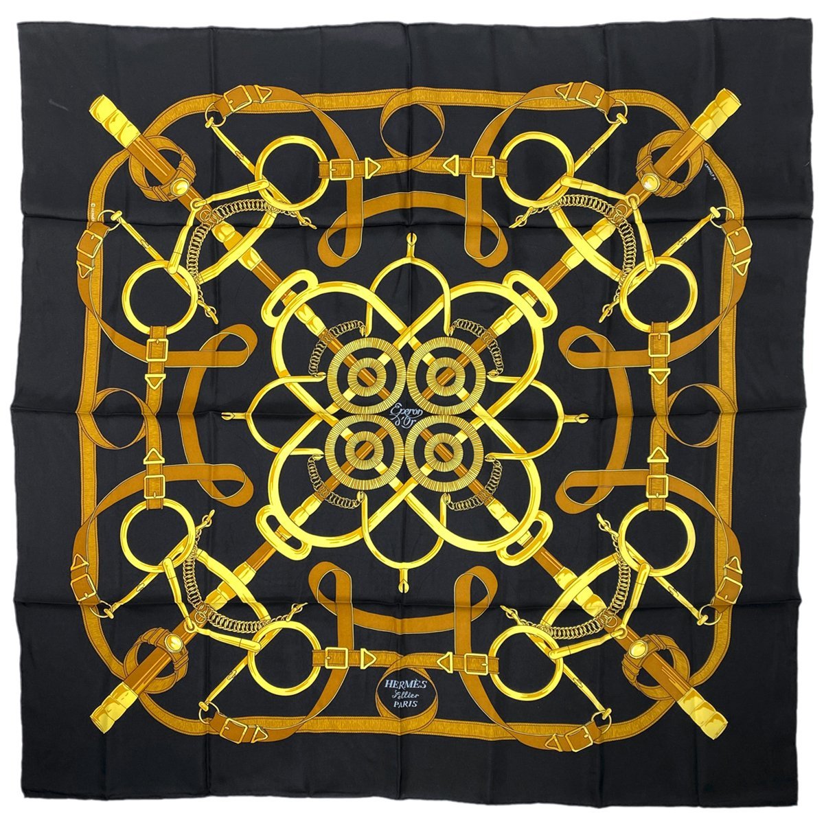 エルメス HERMES カレ 90 Eperon d'or 黄金の拍車 スカーフ シルク ブラック ゴールド レディース 【中古】