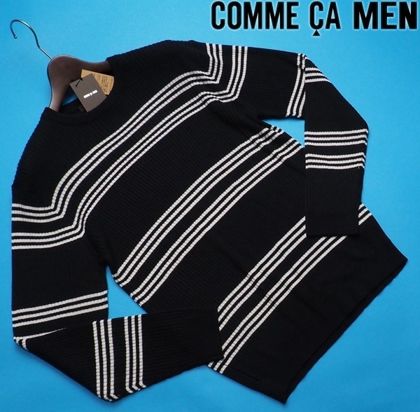 新品展示品 定価1.6万円 COMME CA MEN コムサメン 22A/W新作 3ラインボーダー リブクルーネックセーターM紺(09) 34KA16