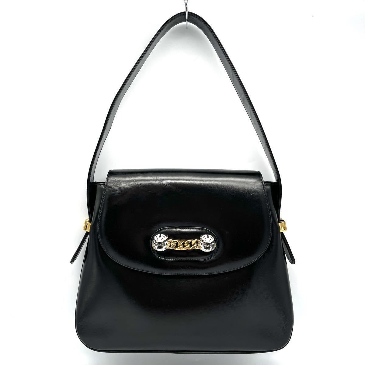 1円 美品 GUCCI オールド グッチ ボックス カーフ レザー タイガー チェーン ゴールド 金具 ハンド ワン ショルダー バッグ D010470