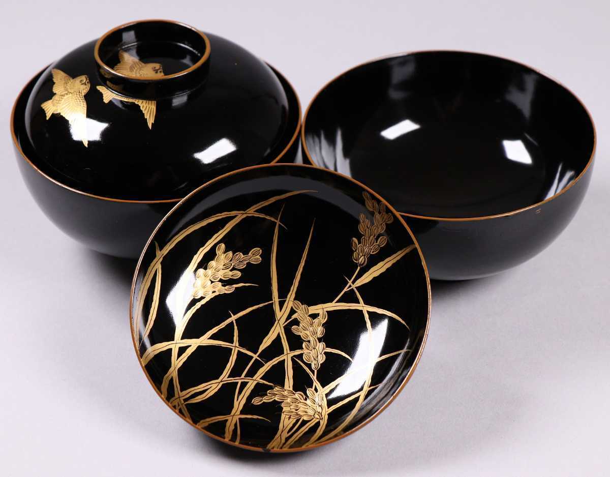 蔦45】輪島塗 稲穂に雀 金蒔絵黒塗汁椀二客 吸物煮物