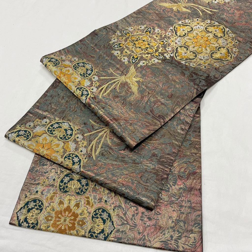 着物月花 引箔 鳳凰 華文様 袋帯 六通柄 正絹 金銀糸 ob040 袋帯中古六