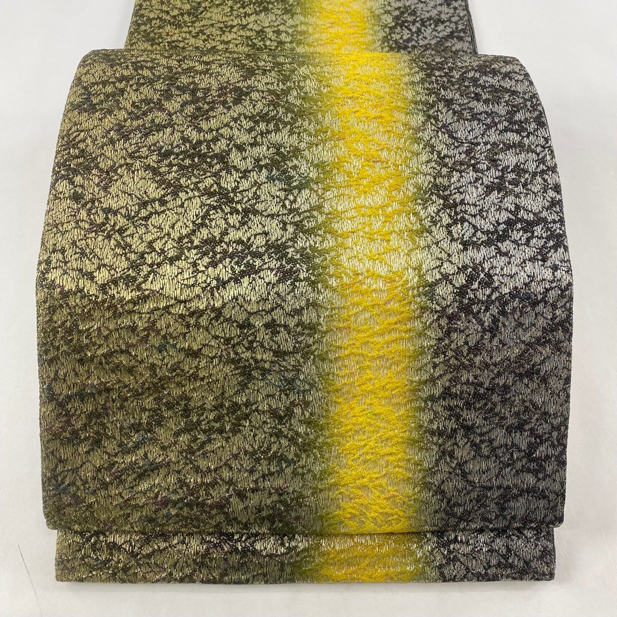 袋帯 美品 秀品 縞 幾何学模様 銀糸 箔 深緑 全通 正絹 【中古】
