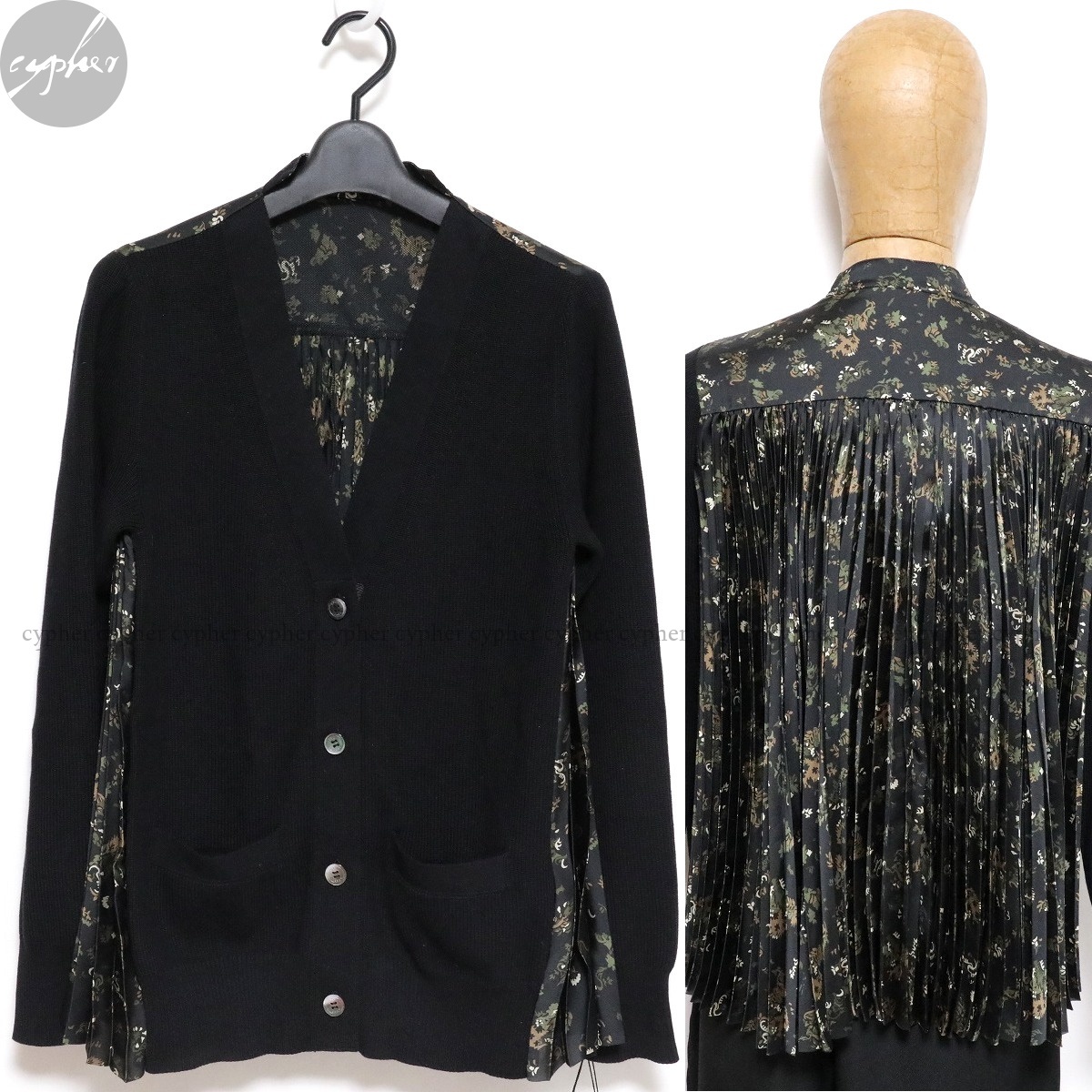 3 新品 21AW sacai バック プリーツ ニット カーディガン ブラック ボタニカル柄 サカイ コットン セーター 黒 21-05707 羽織 ジャケット