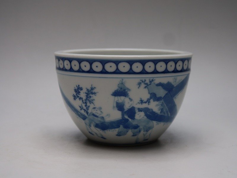 集120622青花染付小鉢 人物風景文絵 中国清時代美術焼物
