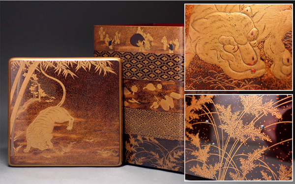 人気SALE 時代 梨子 銀露象嵌 絵替 虎蒔絵五段重 21cm　