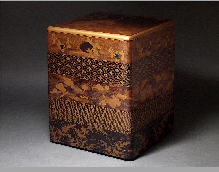 人気SALE 時代 梨子 銀露象嵌 絵替 虎蒔絵五段重 21cm　