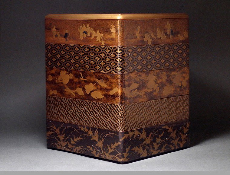 人気SALE 時代 梨子 銀露象嵌 絵替 虎蒔絵五段重 21cm　