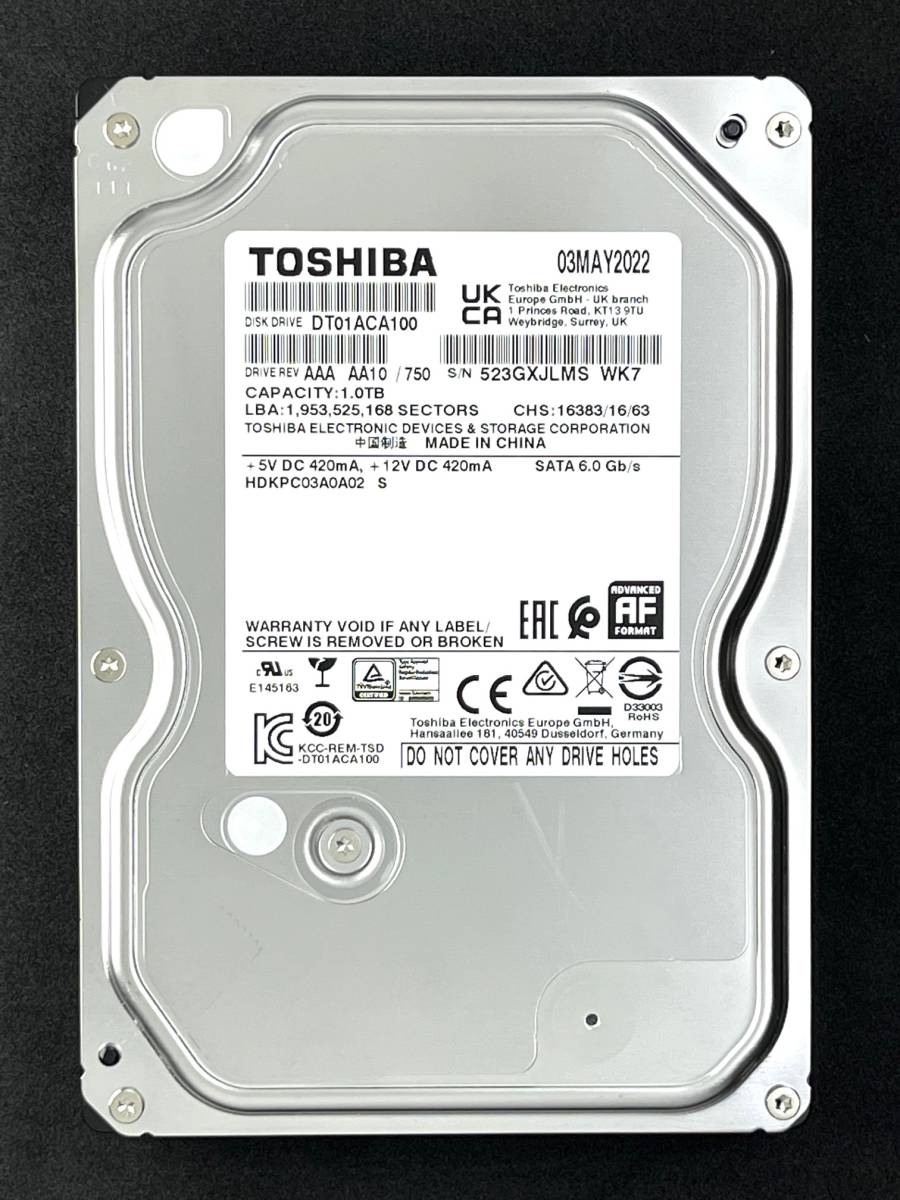 【送料無料】　★ 1TB ★　TOSHIBA　/　DT01ACA100　【使用時間：4ｈ】　2022年製　新品同様　3.5インチ 内蔵HDD　SATA600/7200rpm