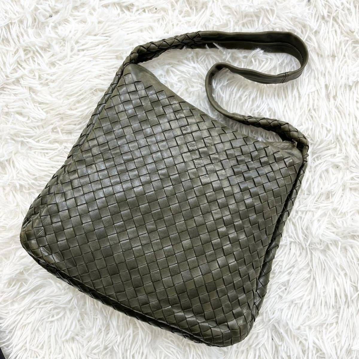 1円【美品】BOTTEGA VENETA ボッテガヴェネタ ショルダーバッグ 手提げ鞄 ラムレザ ワンショルダー イントレチャート 肩掛け可能 グリーン