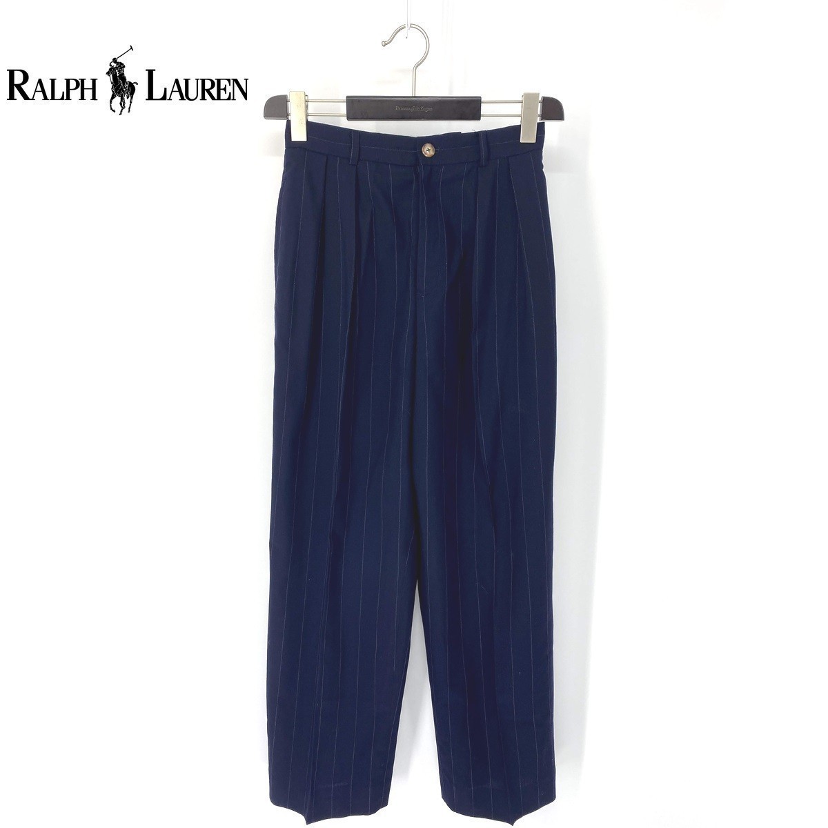 A6103/美品 春夏 RALPH LAUREN ラルフローレン パープルレーベル ウール ストライプ ワイドパンツ スラックス 6 紺/USA製 レディース