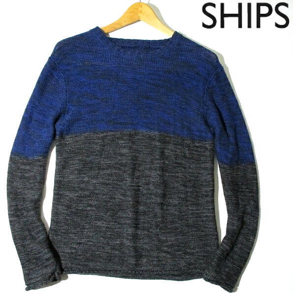 ▼ シップス　SHIPS　バイカラー　メランジ　クルーネック　ニット　セーター　Mサイズ　ネイビー　グレー　メンズ　ウール