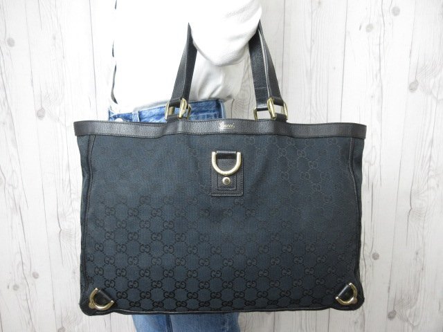 極美品 GUCCI グッチ GGキャンバス トートバッグ ハンドバッグ ショルダーバッグ バッグ キャンバス×レザー 黒 A4収納可 57945