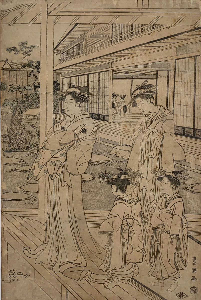 真作】初代豊国「二美人 禿」本物 浮世絵 大判 錦絵 木版画 浮世絵 錦絵 木