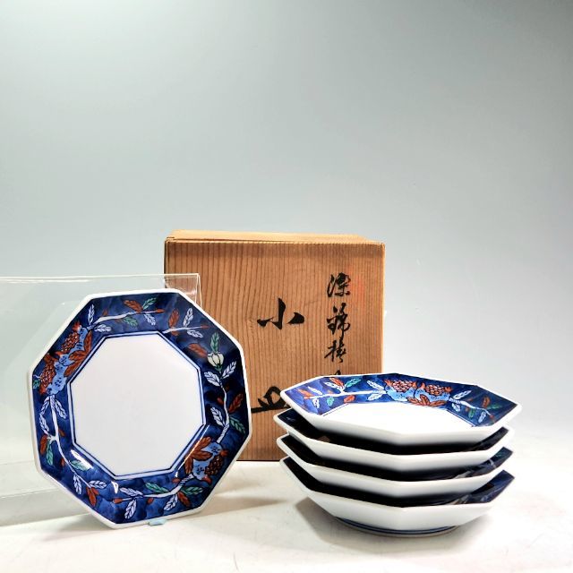 館林 源右衛門 染錦柘榴 ざくろ 八角小皿 5客セット 有田焼匠 染錦花紋皿 共箱付 K9842