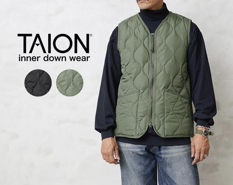 ★定価以下スタート Lサイズ TAION タイオン TAION-001ZML-1 MILITARY LINE Vネックジップ ダウンベスト ミリタリーライン インナーダウン