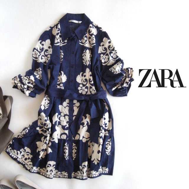 新品ZARA ベルト付き総柄シャツチュニック L 175/96 コットン ネイビー