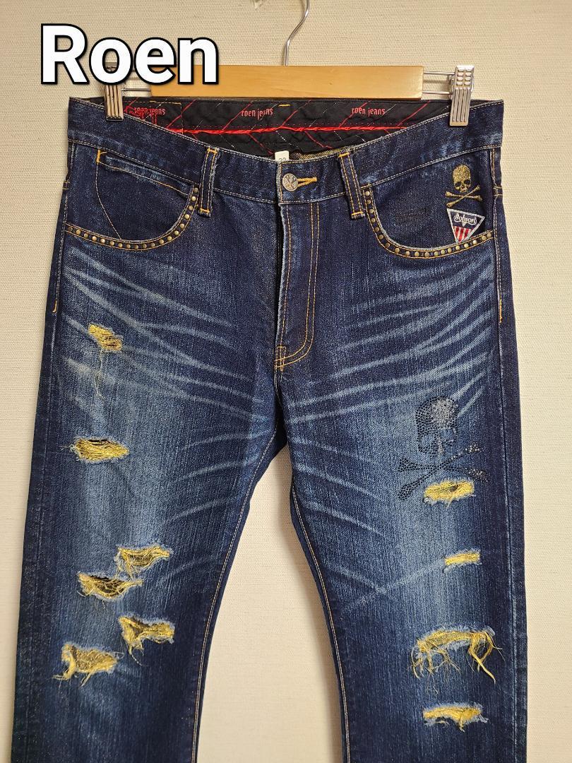 ロエン ジーンズ デニム パンツ スカル スワロ ゴールド ダメージ加工 ロゴ