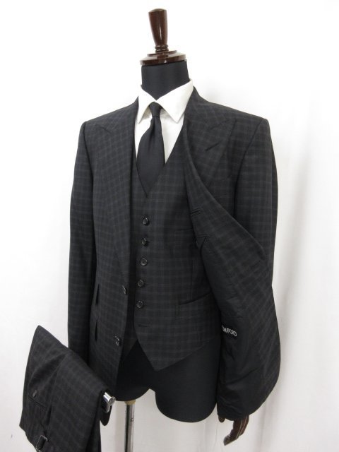 HH超美品 【トムフォード TOM FORD】 裏地シルク混 2ボタン 3ピース スーツ (メンズ) size48R チャコールグレー チェック柄 伊製◎27HR2412