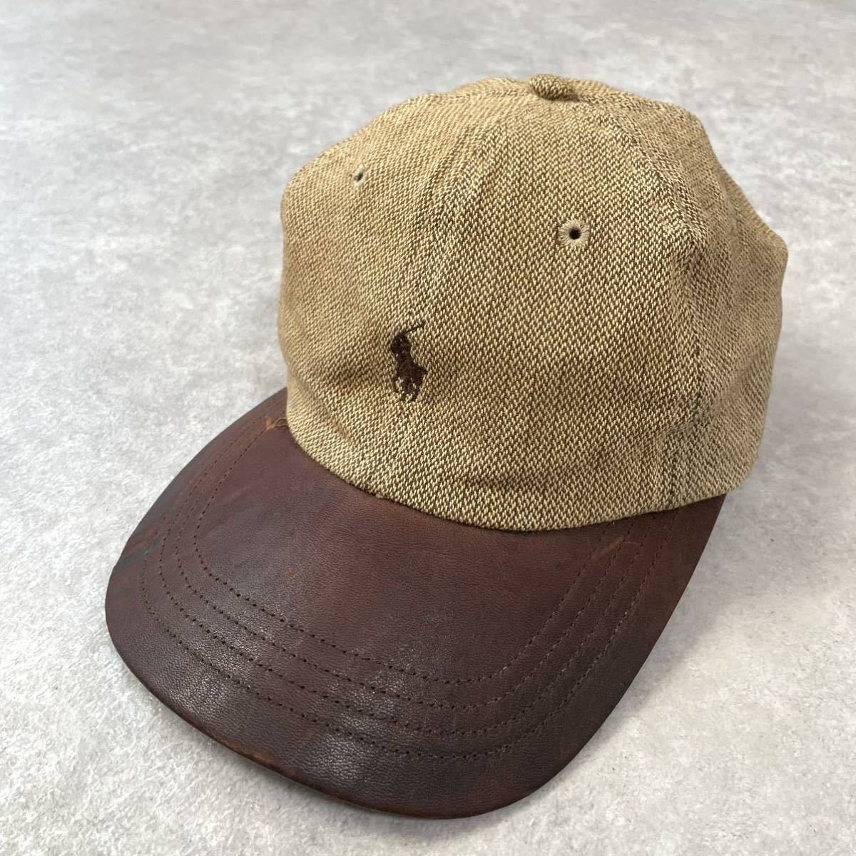POLO GOLF RALPH LAUREN レザー ヘリンボーン ポニー 刺繍 6パネル キャップ 帽子 ポロゴルフ ラルフローレン メンズ 90S 00S CAP 古着