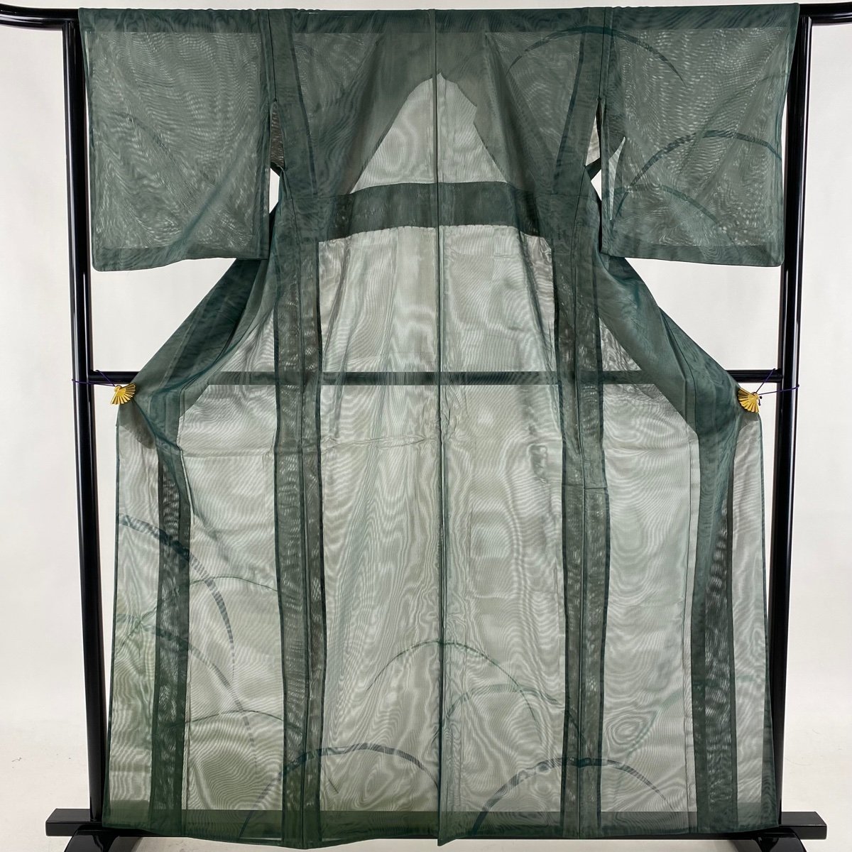 付下げ 秀品 葉柄 金彩 深緑 紗袷 身丈162cm 裄丈65.5cm M 正絹 【中古】