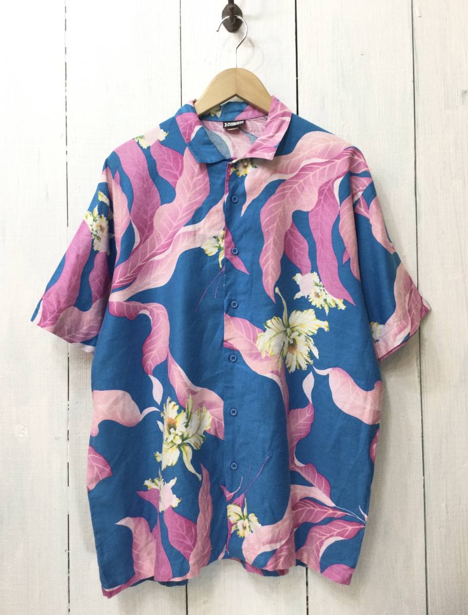 KUDOS クードス USA製 アロハシャツ 半袖シャツ コットンシャツ ハワイアン ピンク×水色 メンズL〜 大きめ VINTAGE