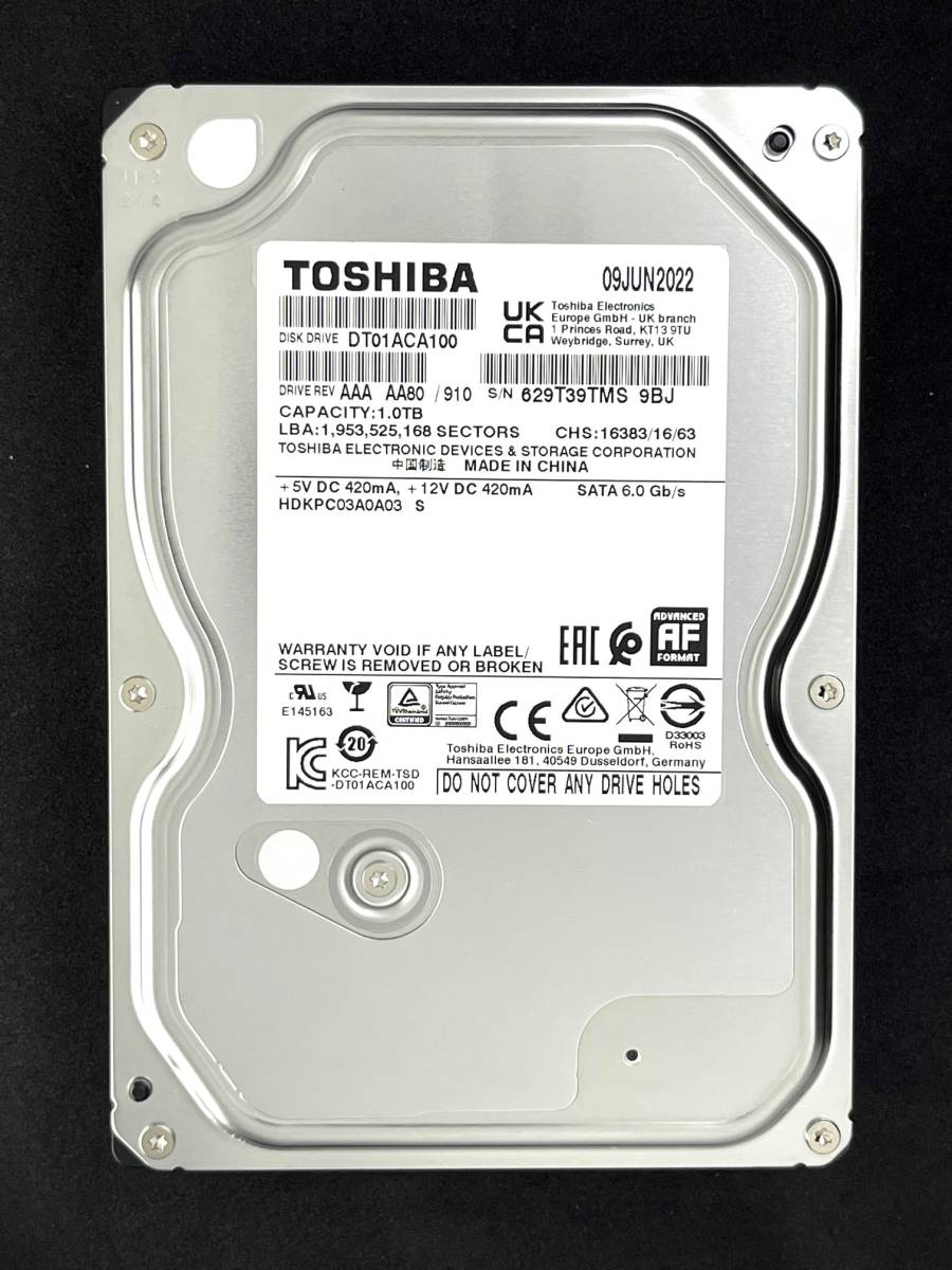【送料無料】 ★ 1TB ★　TOSHIBA　/　DT01ACA100　【使用時間：4ｈ】　2022年製　新品同様　3.5インチ 内蔵HDD　SATA600/7200rpm