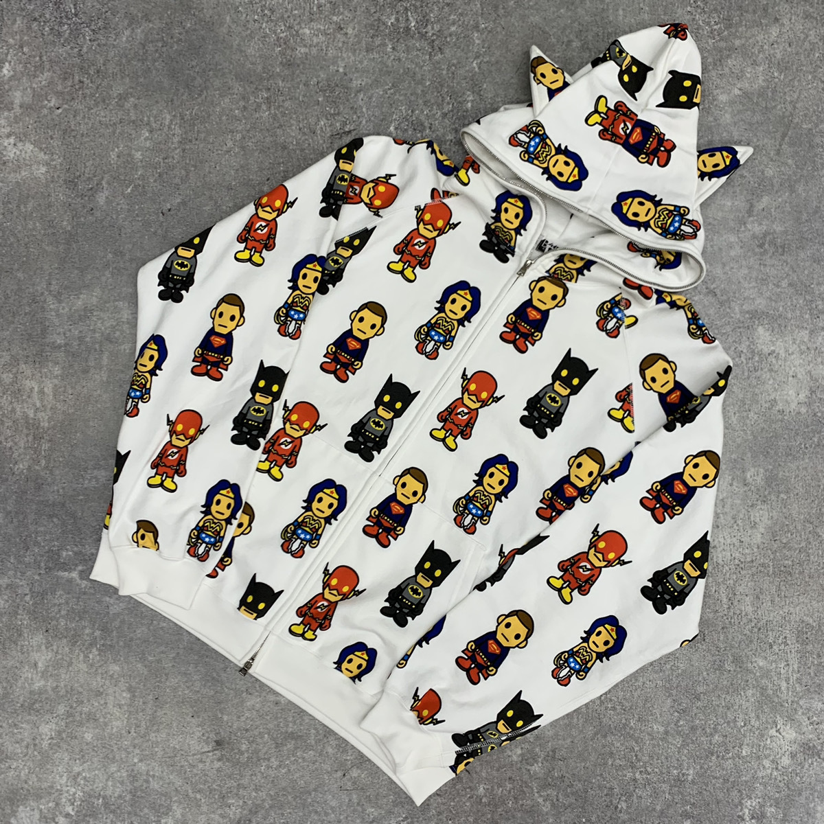 ●a bathing ape ア ベイシング エイプ × DC Comics DCコミックス コラボ FULL ZIP HOODIE フルジップ パーカー 総柄 ホワイト 104