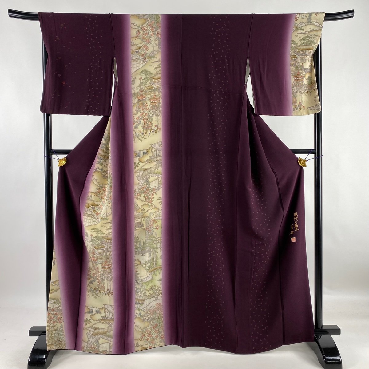 付下げ 美品 名品 落款 小糸敏 山鉾 笠松 ぼかし 濃紫 袷 身丈166cm 裄丈67cm M 正絹 【中古】