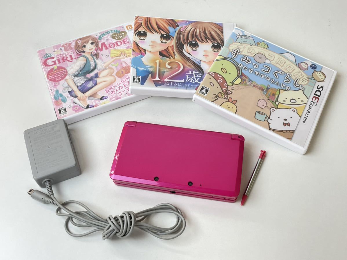 Nintendo 3DS ニンテンドー3DS 本体 グロスピンク タッチペン 充電器 ソフト3個セット 任天堂 初期化・動作確認済み