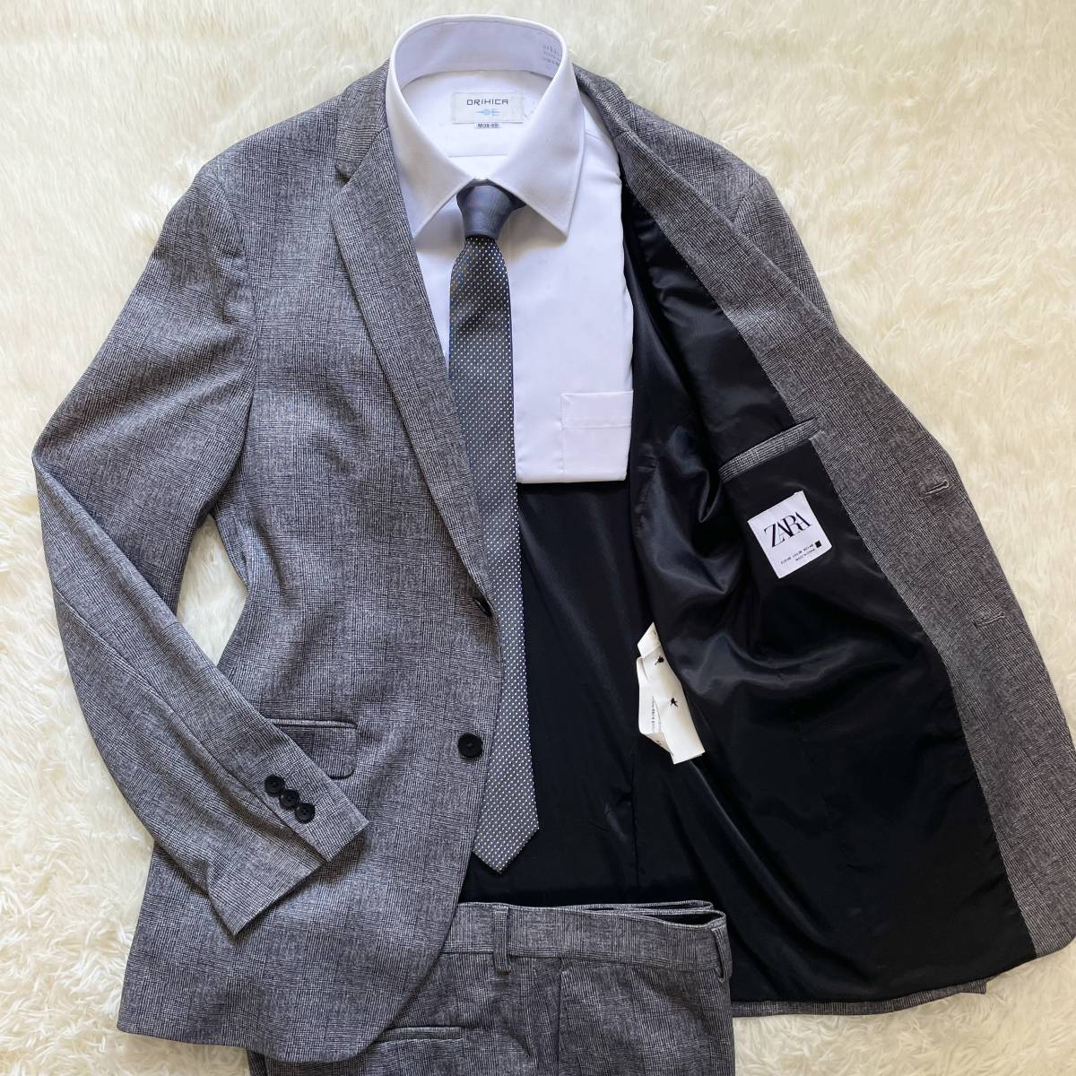 【2025春夏】 ZARA 至高の光沢感 ザラ スーツ セットアップ テーラードジャケット メンズ グレー ビジネス スリム 通勤 光沢 総裏地 48 L相当(Lサイズ)｜売買されたオークション情報、yahooの商品情報をアー Lサイズ