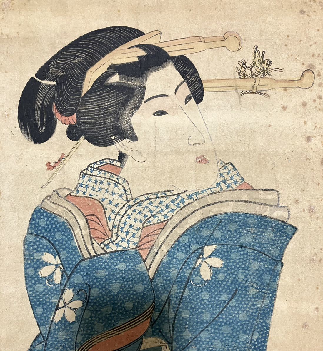 真作】江戸期 本物浮世絵木版画 歌川国貞「東都六玉顔内 深川」美人図