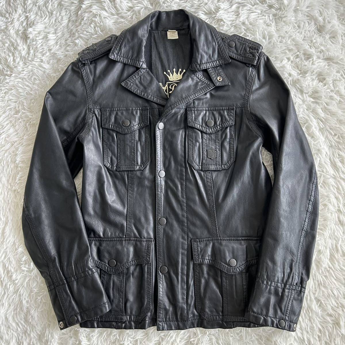 【ディーゼル/DIESEL】ミリタリー レザージャケット 牛革 ブルゾン 黒 ブラック ライダース フライトジャケット メンズ S（M程）大きめ